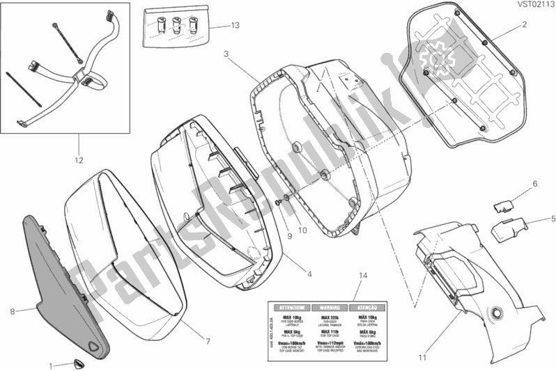 All parts for the Right Pannier of the Ducati Multistrada 1260 S Grand Tour USA 2020